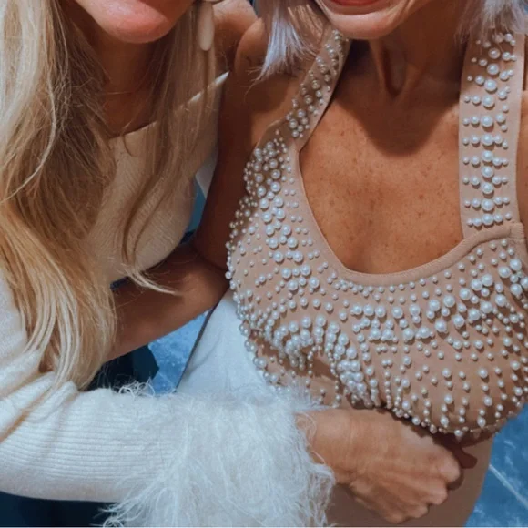 Elegant White Midi Dress with Beaded Pearl Top BELLA BARNETT - Picture 4 of 6